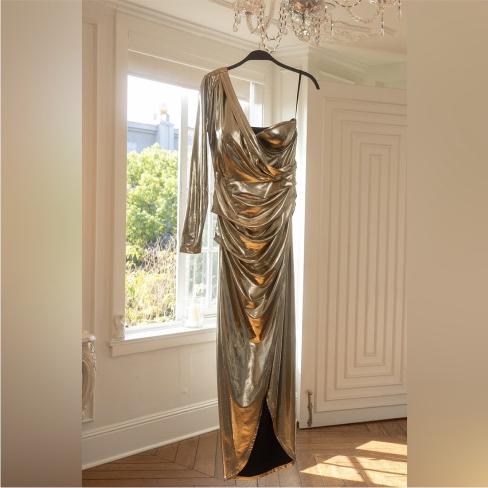 Silver Asymmetrical Ruched Gown with Slit for Cocktail - Picture 12 of 13